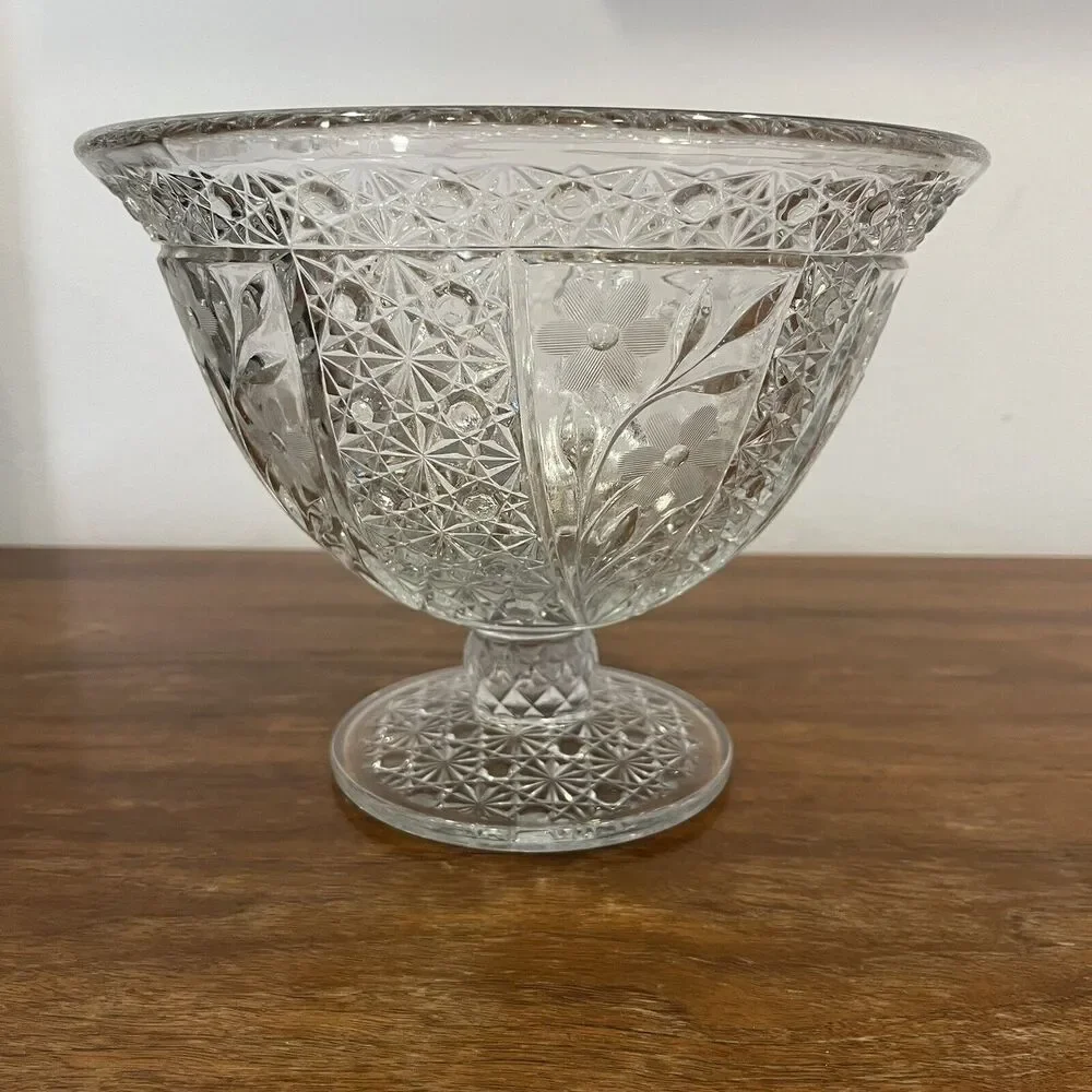 Vintage Compote Punch Bowl Candy Dish w/Frosted Etched Glass Flowers Starburst